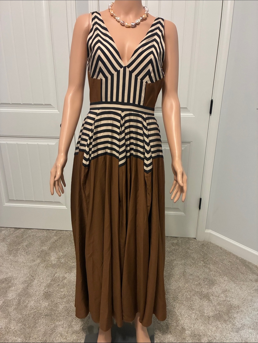 ANTONIO MELANI Black and Brown Striped V-Neck Maxi Dress
